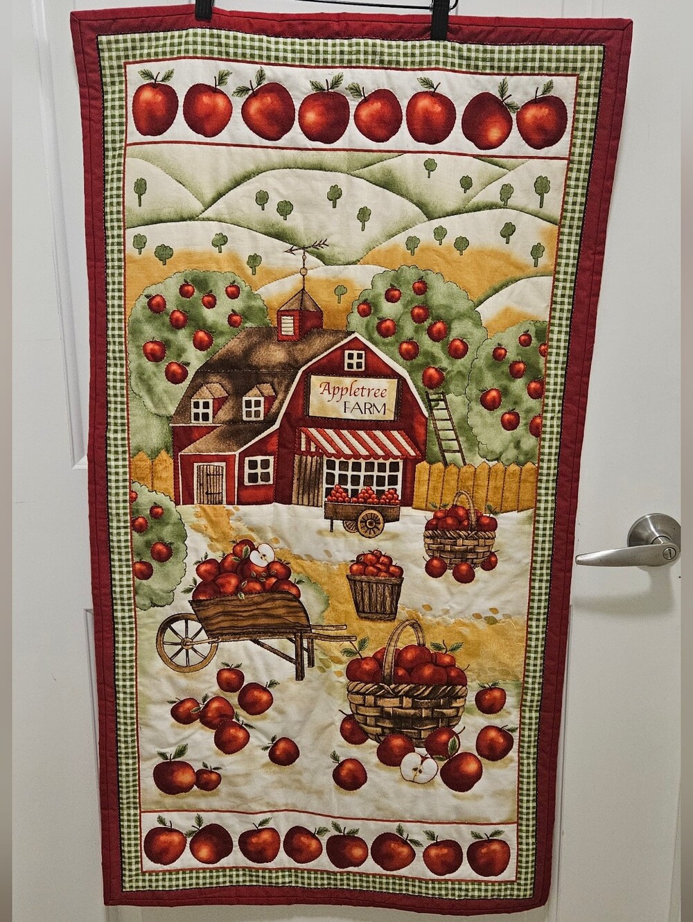 Vintage Quilted Wall Hanging Red Barn Apple Farm Country Cottagecore Tapestry